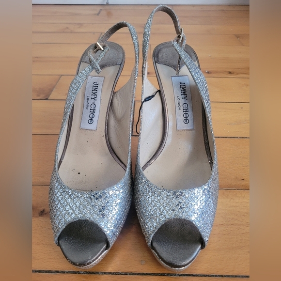 Jimmy Choo Silver Peep-Toe Slingback Heels - Picture 6 of 8